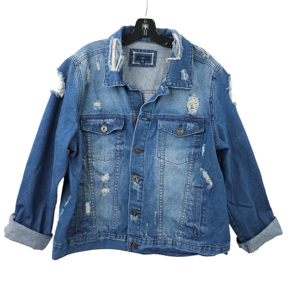 Rue 21 Denim Jacket Jean Trucker Distressed Women Plus Size 2X Rue+ MedDark Wash